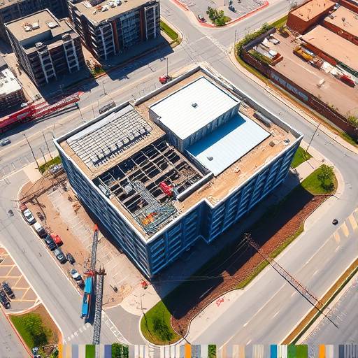 Aerial view of a construction site for BuildRight Construction, showcasing the progress of a new commercial development.