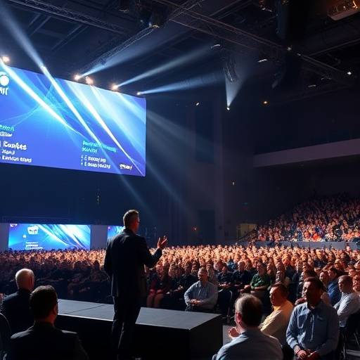 Live event coverage for the annual Innovation Summit, featuring a keynote speaker addressing a large audience.